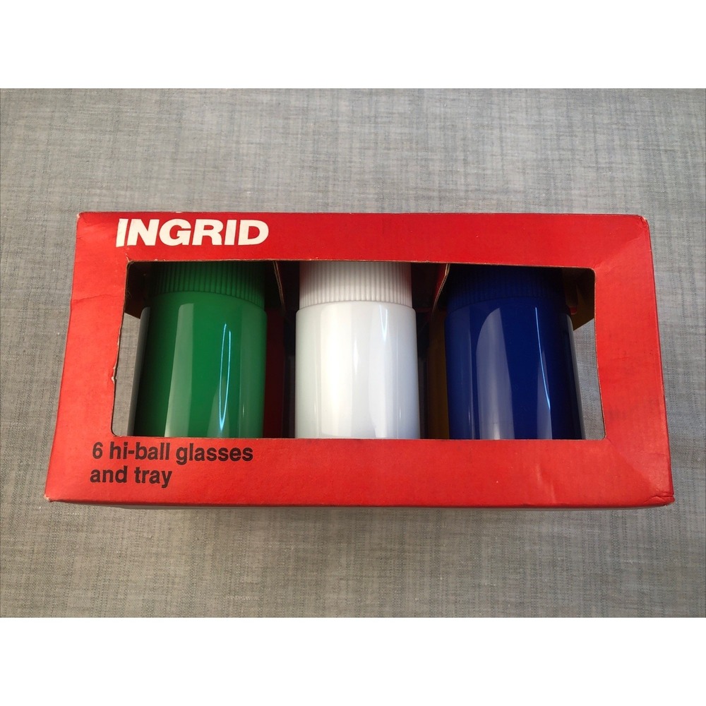 MCM Barware Hi-Ball Bar Cups Tray In Original Box-Ingrid of Chicago 1970s Mod